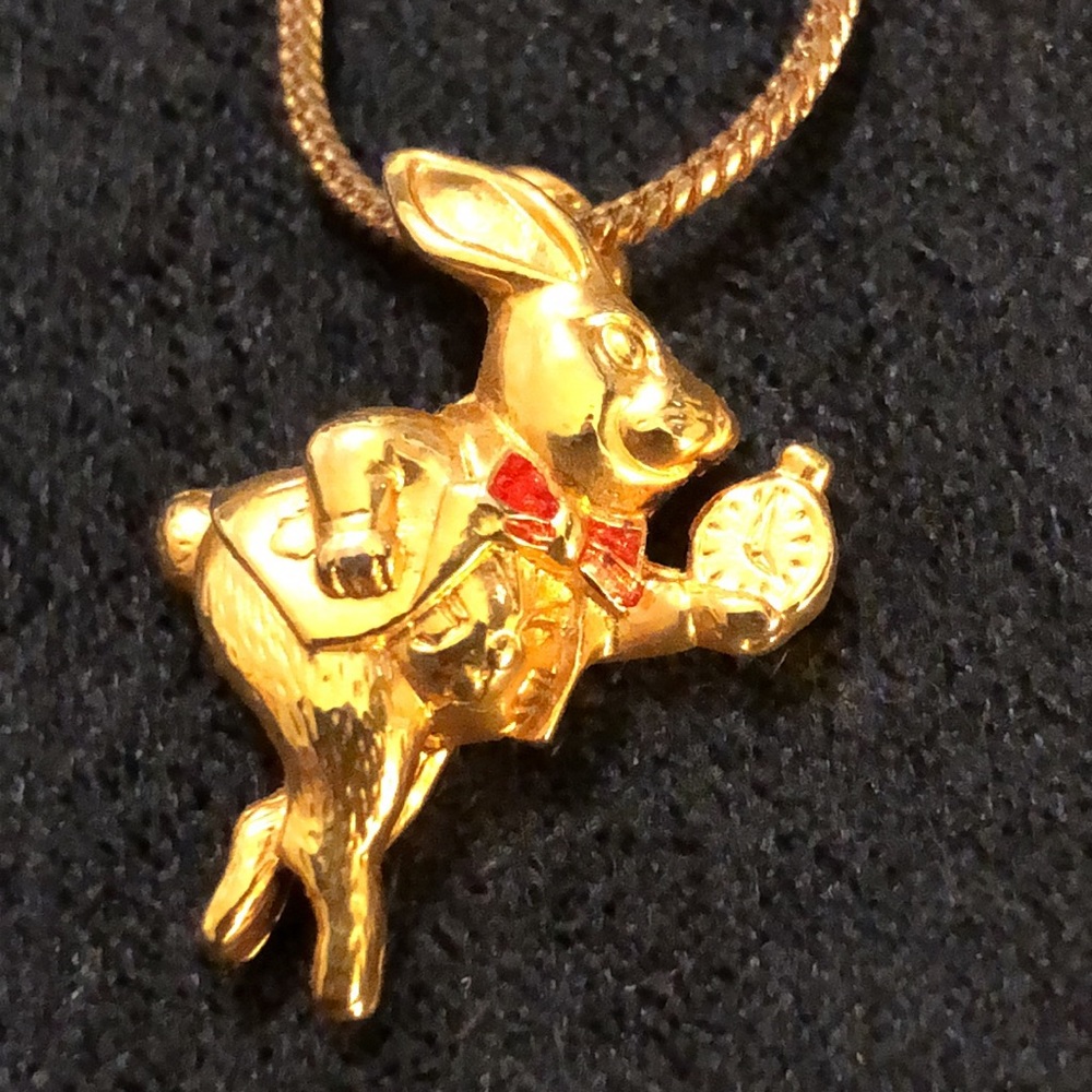 White Rabbit Charm Necklace GP Charm/Gold Tone Stainless Steel 18” Necklace.
